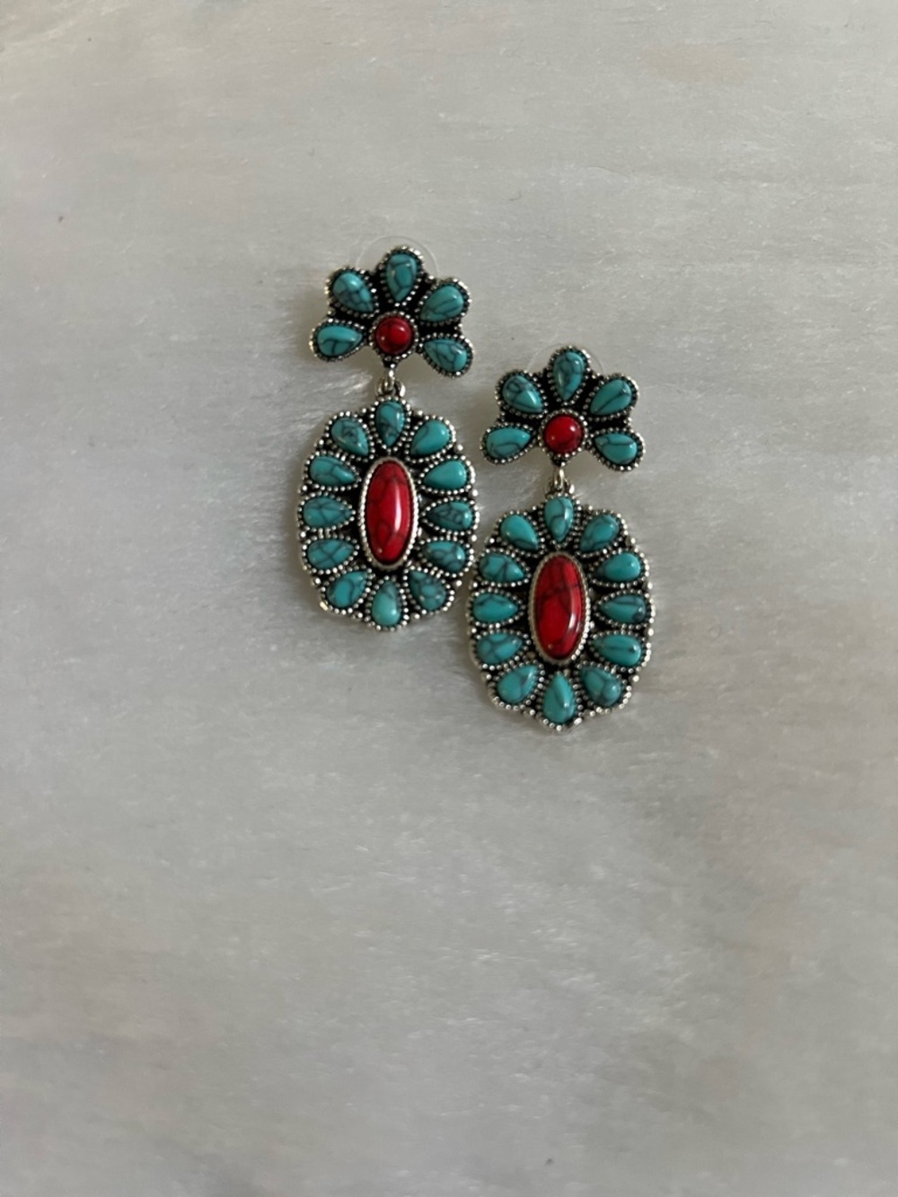 Turquoise and Red Floral Drop Earrings - Women's Jewelry - Picture 3 of 5